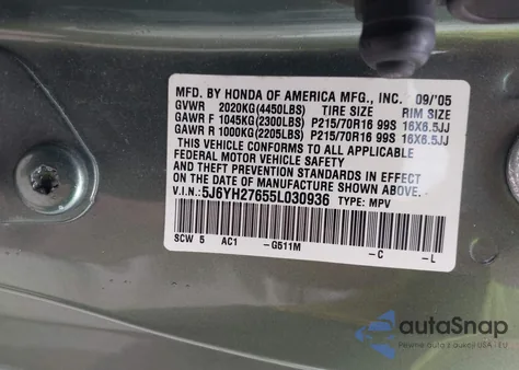 2005 Honda Element Ex z USA, uszkodzony, nr VIN 5J6YH27655L030936